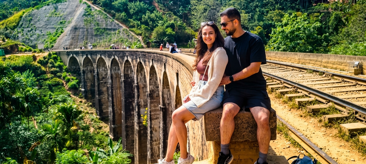 Travellers at the Nine Arch Bridge in Ella, surrounded by jungle