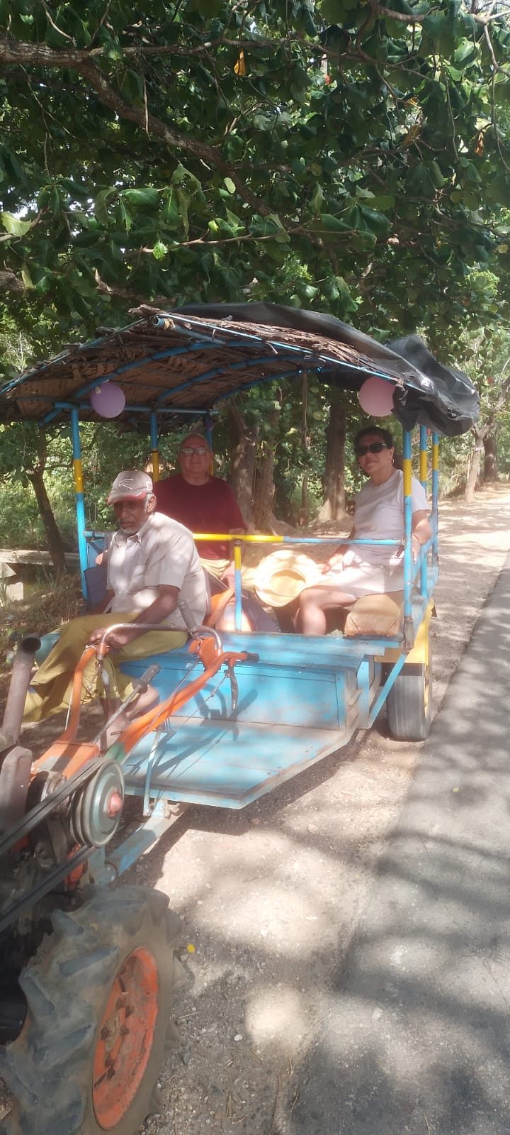 Guests on a traditional tractor ride through a village near Habarana